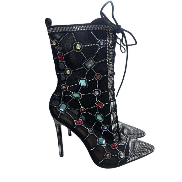 Azalea Wang Diamond Dream Lace Up Gem Black Mesh Jewel Booties Size 8 Ladies - Picture 4 of 16